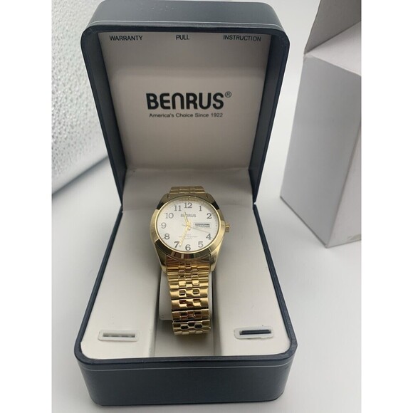 Benrus Mens Gold Tone Calendar Watch Stretch With Box Never Worn Silver Face - Picture 1 of 8